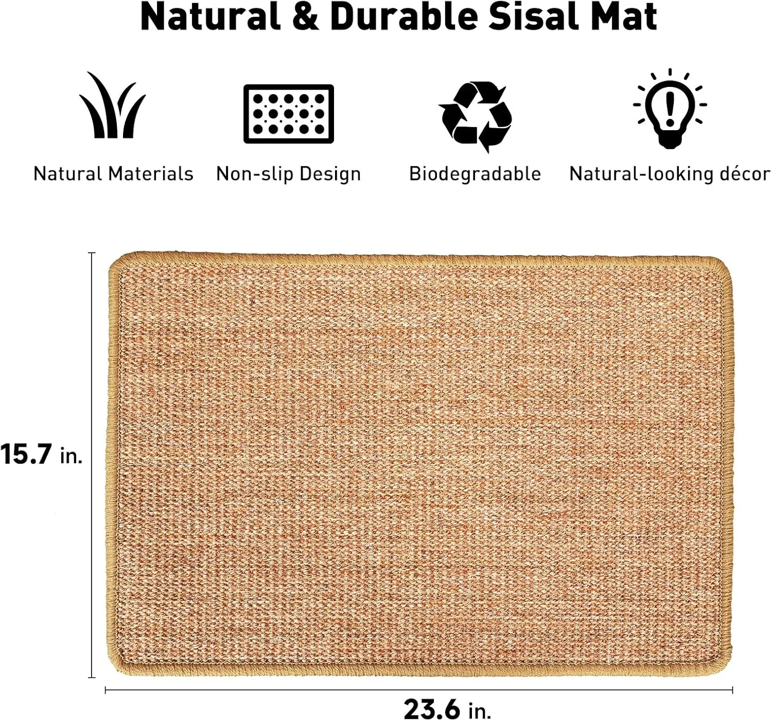 FUKUMARU Cat Scratcher Mat, 23.6 X 15.7 Inch Natural Sisal Cat Scratch Mats, Horizontal Cat Floor Scratching Pad Rug with Sticky Velcro Tapes, Protect Couch and Carpets