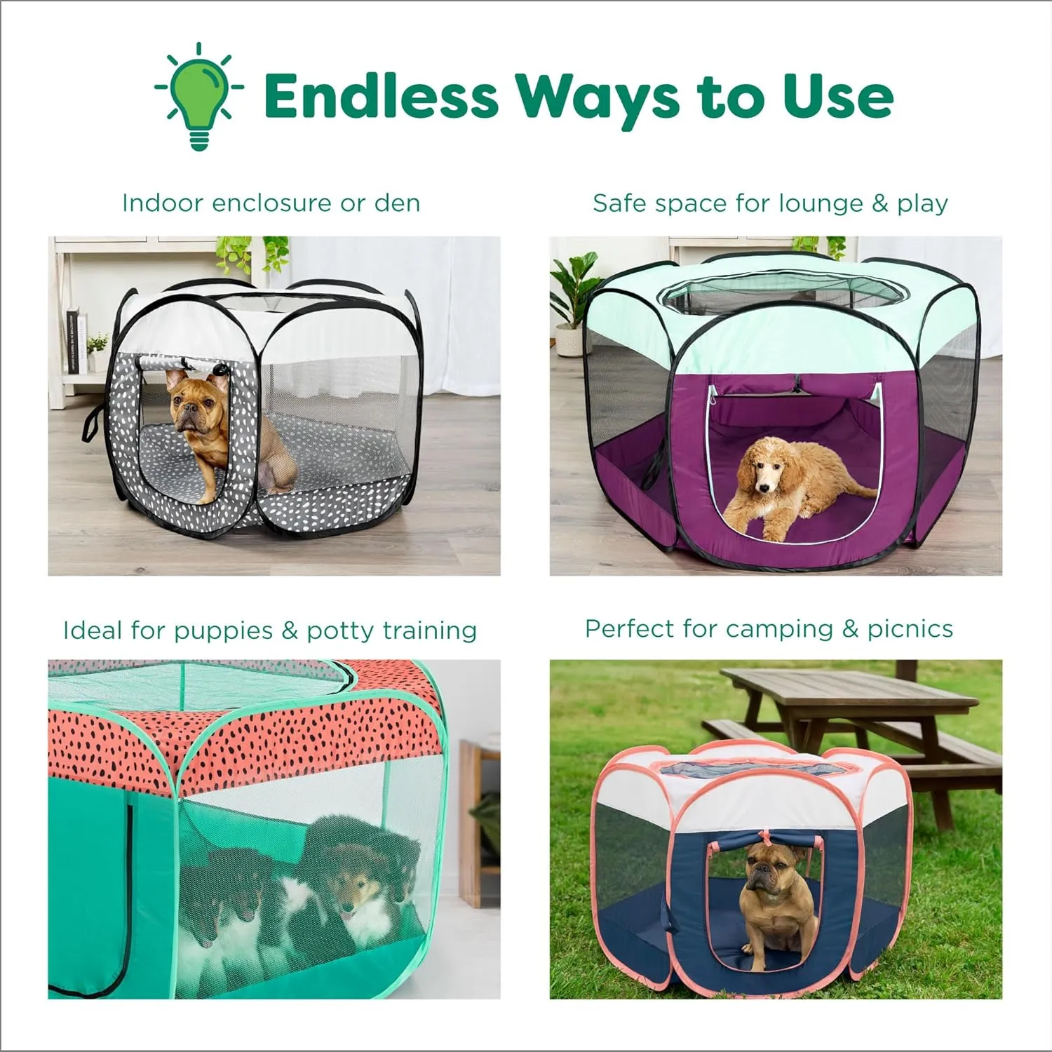 Furhaven Portable Dog Playpen Cat Tent, Pet Playground/Kennel Foldable Indoor Outdoor Zippered Puppy Crate - Green & Pink, Small