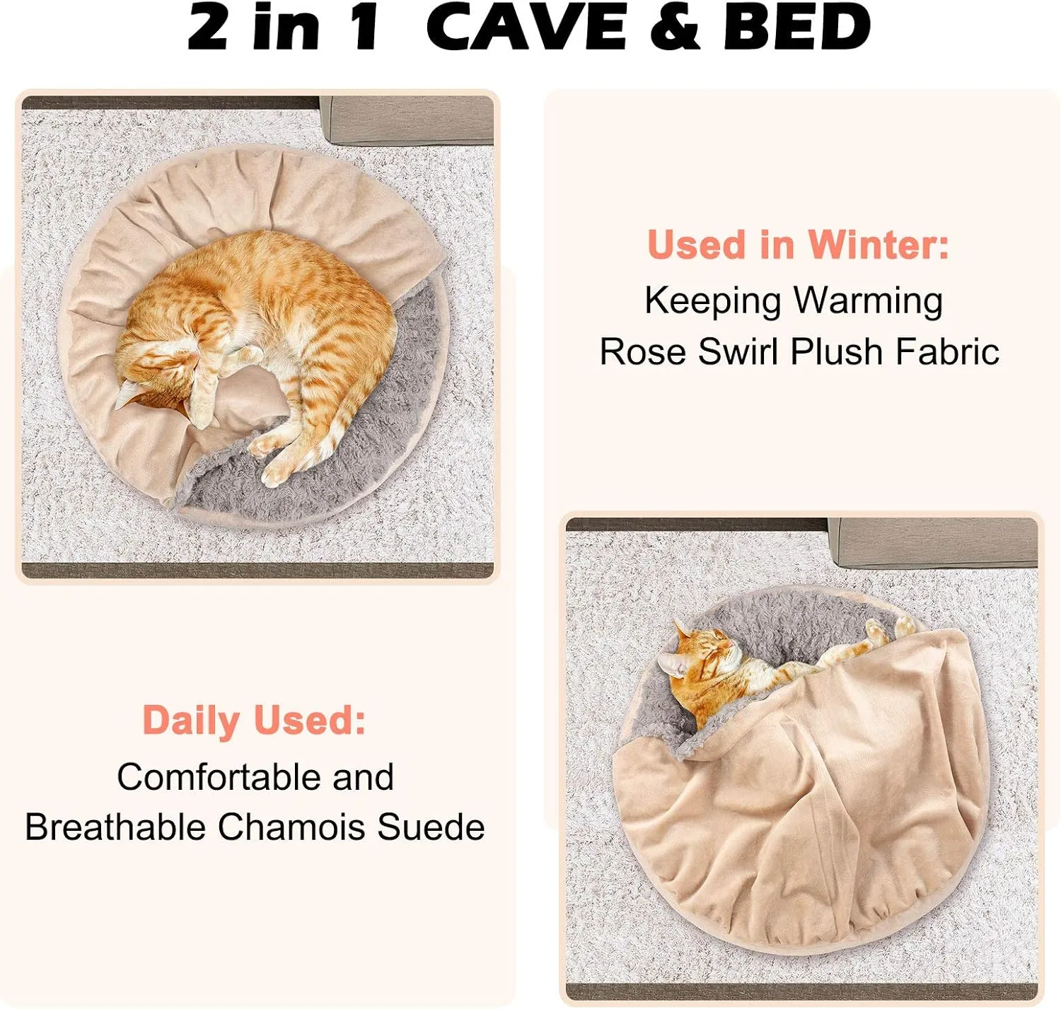 GASUR Small Dog & Cat Bed, 23'' Donut Pet Bed Mat with Hooded Blanket, Anti-Anxiety Burrow Cave Bed, Cozy Puppy Bed, Machine Washable, for Indoor Pets up to 20lbs