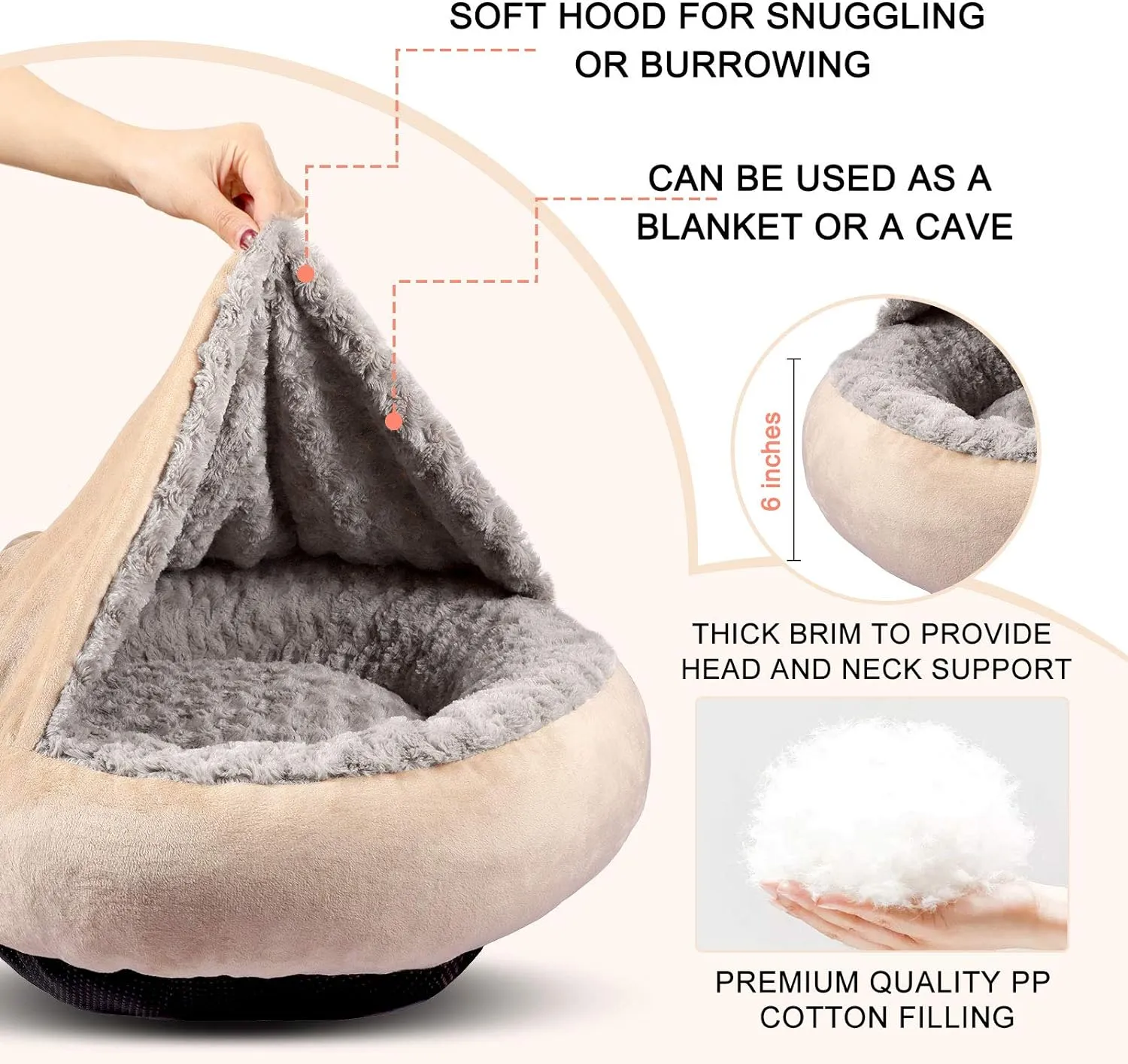 GASUR Small Dog & Cat Bed, 23'' Donut Pet Bed Mat with Hooded Blanket, Anti-Anxiety Burrow Cave Bed, Cozy Puppy Bed, Machine Washable, for Indoor Pets up to 20lbs