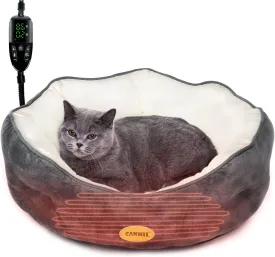 Heated Cat Bed for Indoor Cats and Small Dogs, Electric Round Pet Bed with Adjustable Temperature & Timer, Washable Warming Bed, 20in (Gray)
