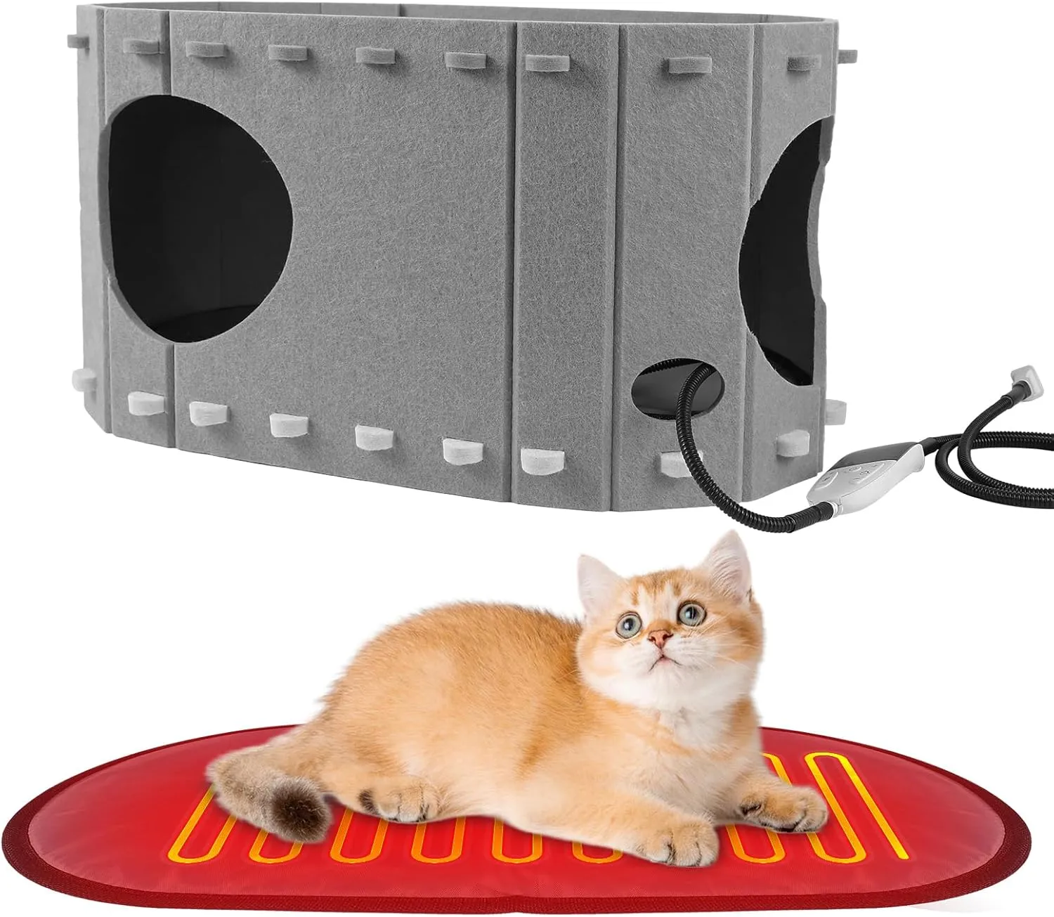 Heated Cat House for Indoor Cats,with Timer & Temp Adjustable Pet Heating Pad Bed Included,Large Foldable Cat Houses & Condos