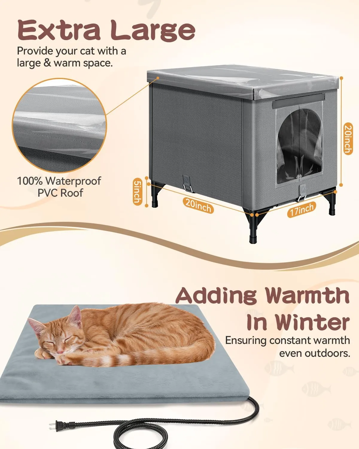 Heated Cat House for Outside, Foldable Outdoor Cat House for Winter Insulated Waterproof with Thermostatic Cat Heating Pad, Cat Shelter with PVC Roof &Door for Outside Stray Barn Cat(Gray,Ectra Large)