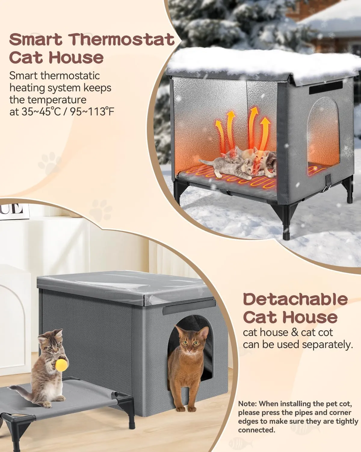 Heated Cat House for Outside, Foldable Outdoor Cat House for Winter Insulated Waterproof with Thermostatic Cat Heating Pad, Cat Shelter with PVC Roof &Door for Outside Stray Barn Cat(Gray,Ectra Large)