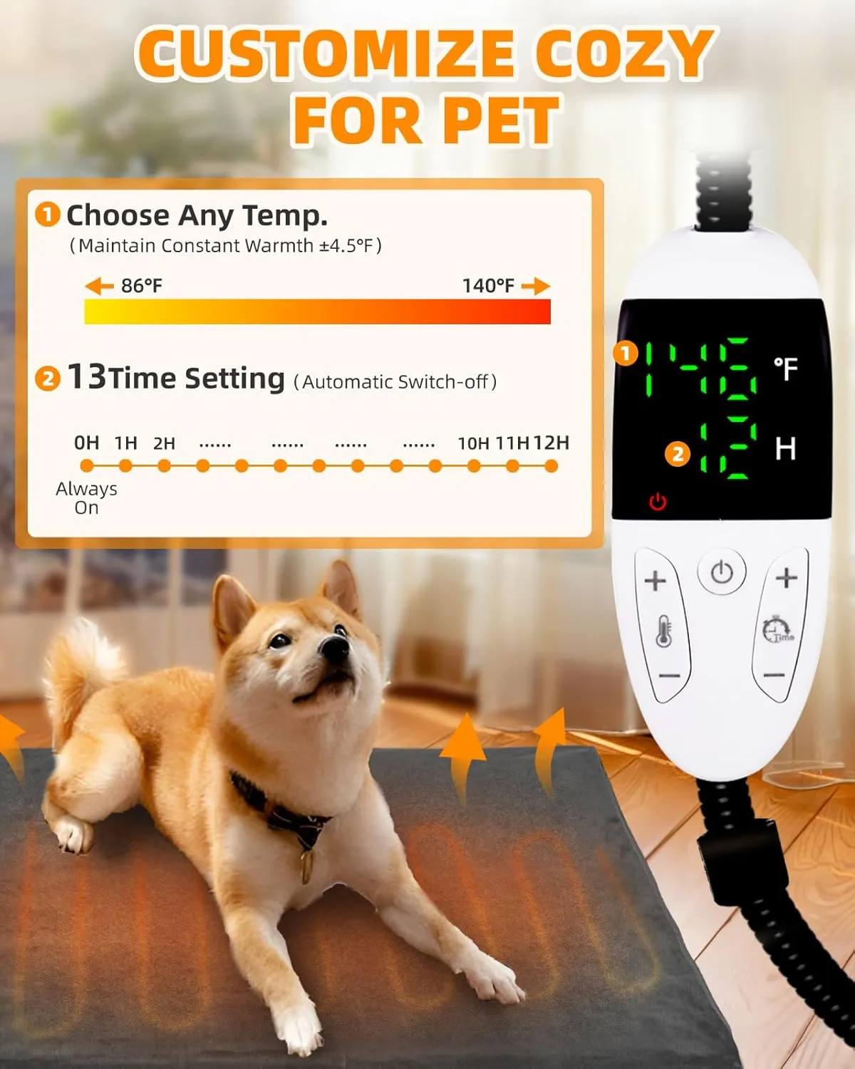 Heated Dog Cat Bed Indoor - Pet Heating Pad Machine Washable Cover, Temperature Adjustable, 12H or Always on Heating Time Heated Blanket, LCD Display (18 x 18in, 1 Pack)