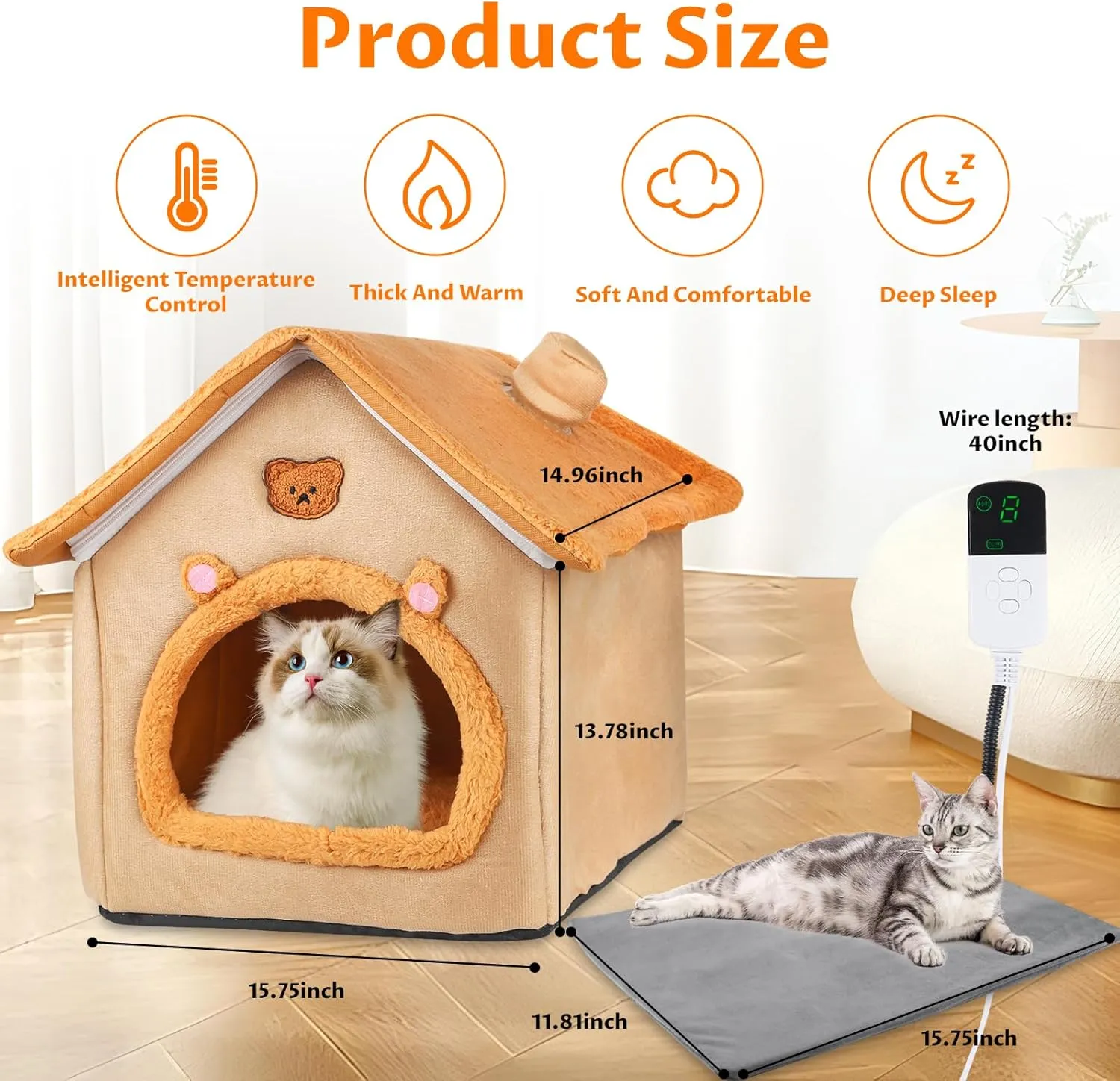 Heating Inside Cat&Dog House Heated Pet Indoor Heated Kitty House Bed(A Nest Box and A Heating Pad)