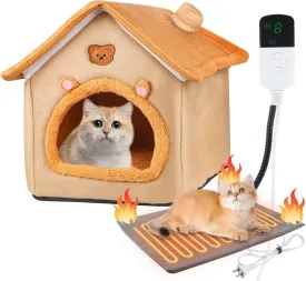 Heating Inside Cat&Dog House Heated Pet Indoor Heated Kitty House Bed(A Nest Box and A Heating Pad)