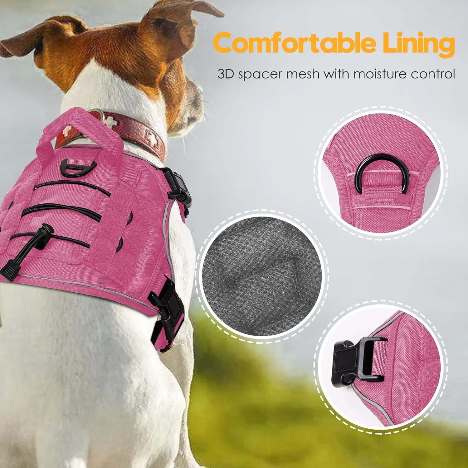 Heavy-Duty Tactical Dog Harness for Large Dogs, No Pull Adjustable Reflective Pet Vest with Molle System, K9 Military-Grade Control for Service Training, Outdoor & 10  Breeds, Pink, Medium