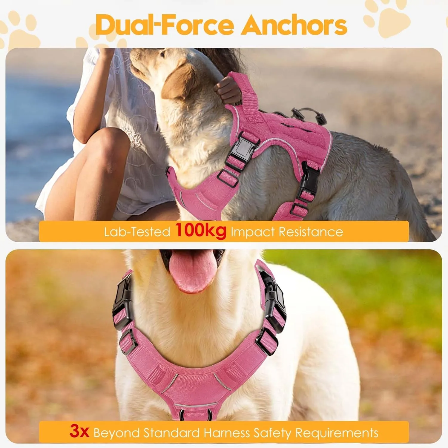 Heavy-Duty Tactical Dog Harness for Large Dogs, No Pull Adjustable Reflective Pet Vest with Molle System, K9 Military-Grade Control for Service Training, Outdoor & 10  Breeds, Pink, Medium