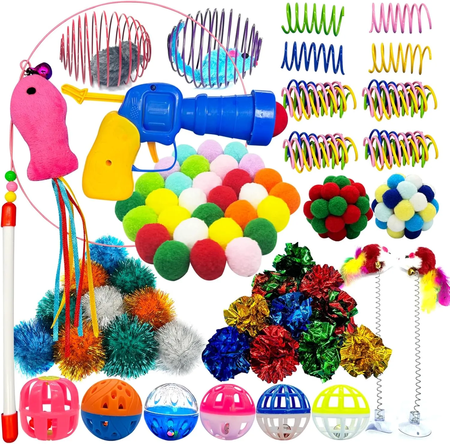 HerMia Interactive Cat Toys for Indoor Cats, 84 Pieces Kitten Toys Pack Including Plush Ball Launcher, Crinkle Balls,Sparkle Balls, Spiral Springs