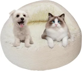 Hooded Plush Corduroy Cat & Dog Bed Cave - Cozy Indoor Cat Bed, Calming Soft Faux Fur, Anti-Anxiety Corduroy Dog Cave, Washable Anti-Slip Dog Bed (Beige, L)