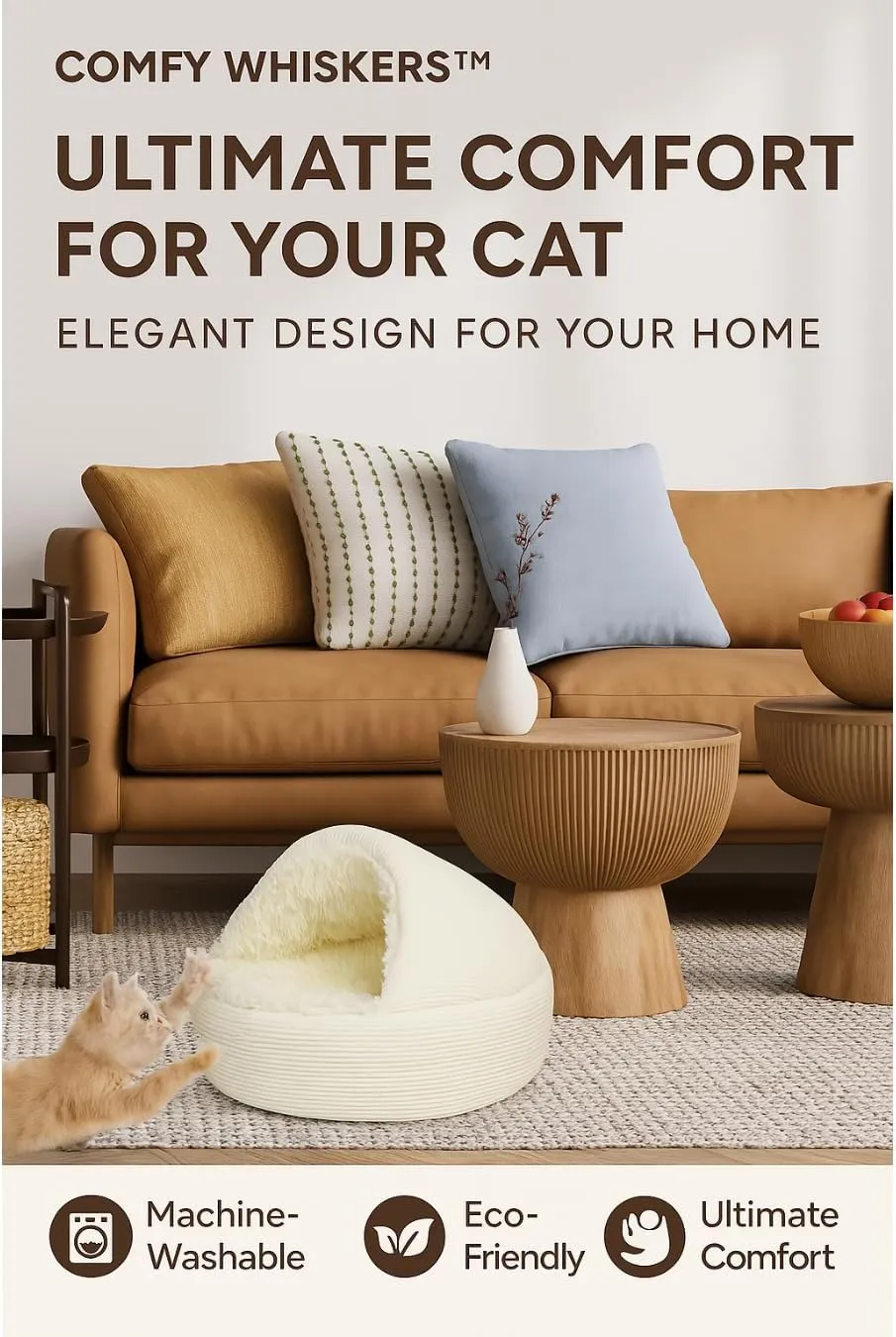 Hooded Plush Corduroy Cat & Dog Bed Cave - Cozy Indoor Cat Bed, Calming Soft Faux Fur, Anti-Anxiety Corduroy Dog Cave, Washable Anti-Slip Dog Bed (Beige, L)