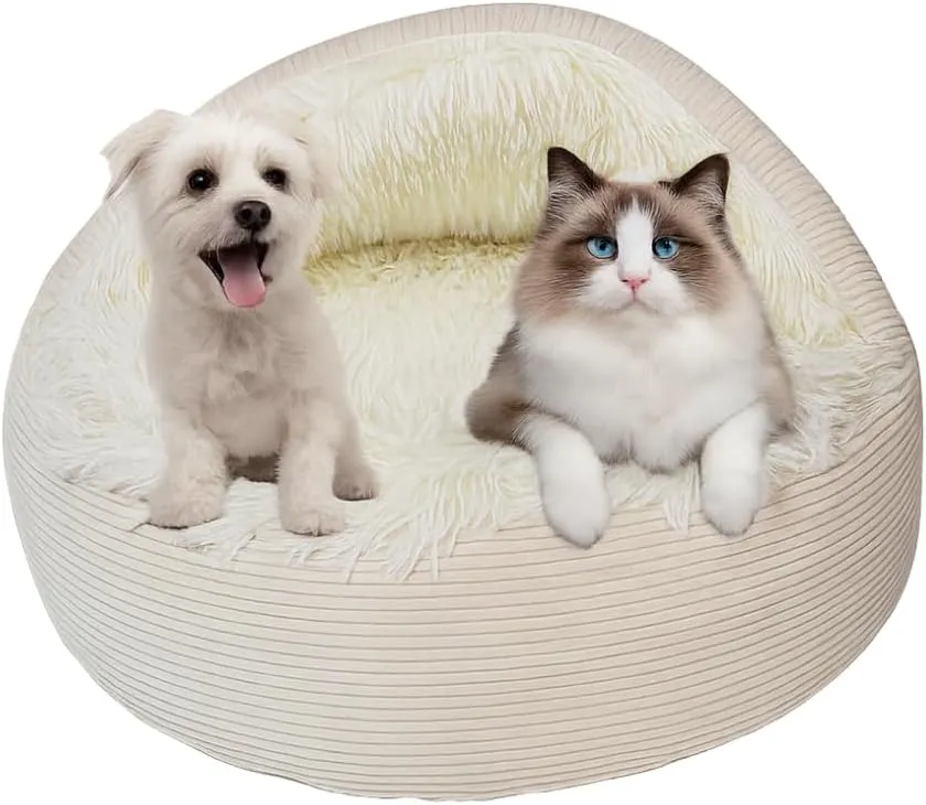 Hooded Plush Corduroy Cat & Dog Bed Cave - Cozy Indoor Cat Bed, Calming Soft Faux Fur, Anti-Anxiety Corduroy Dog Cave, Washable Anti-Slip Dog Bed (Beige, L)