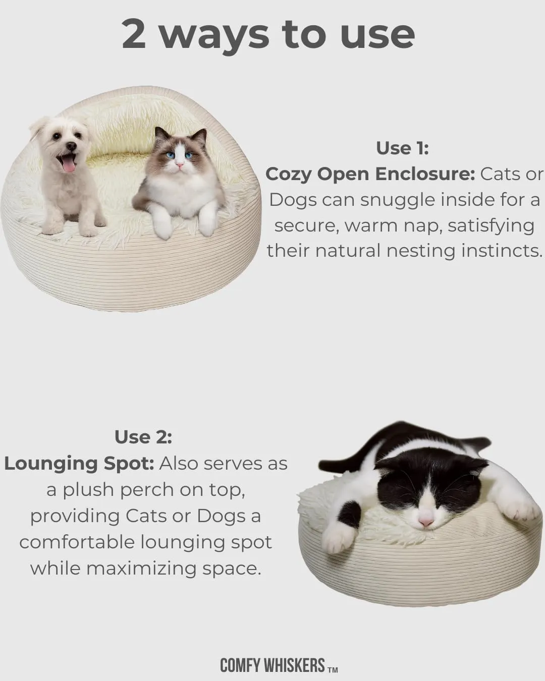 Hooded Plush Corduroy Cat & Dog Bed Cave - Cozy Indoor Cat Bed, Calming Soft Faux Fur, Anti-Anxiety Corduroy Dog Cave, Washable Anti-Slip Dog Bed (Beige, L)