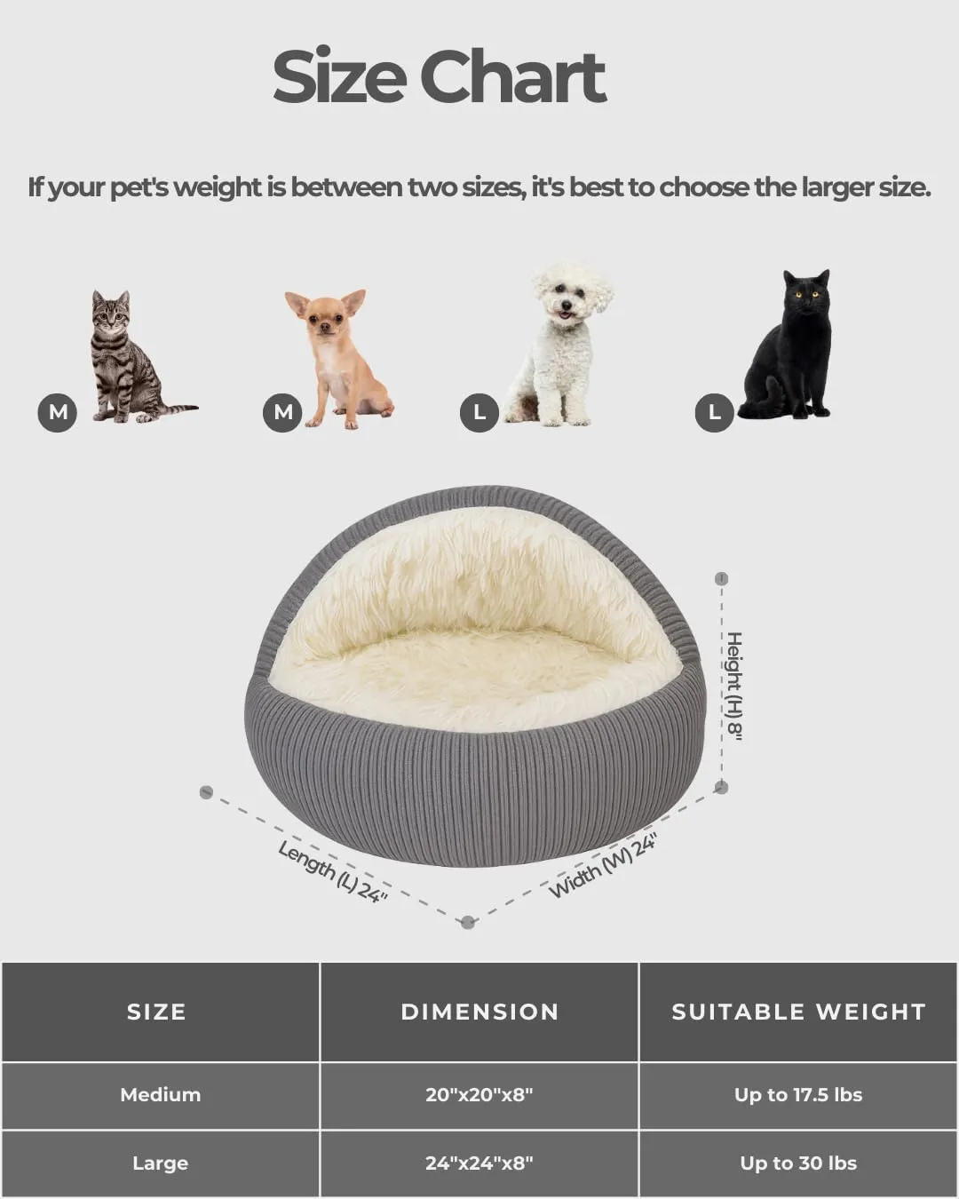 Hooded Plush Corduroy Cat & Dog Bed Cave - Cozy Indoor Cat Bed, Calming Soft Faux Fur, Anti-Anxiety Corduroy Dog Cave, Washable Anti-Slip Dog Bed (Gray, L)