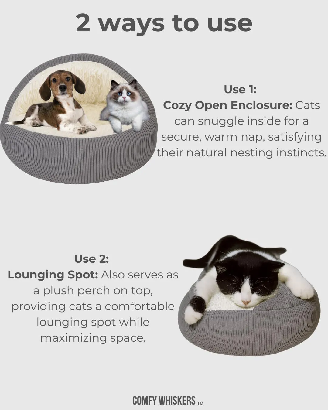 Hooded Plush Corduroy Cat & Dog Bed Cave - Cozy Indoor Cat Bed, Calming Soft Faux Fur, Anti-Anxiety Corduroy Dog Cave, Washable Anti-Slip Dog Bed (Gray, L)