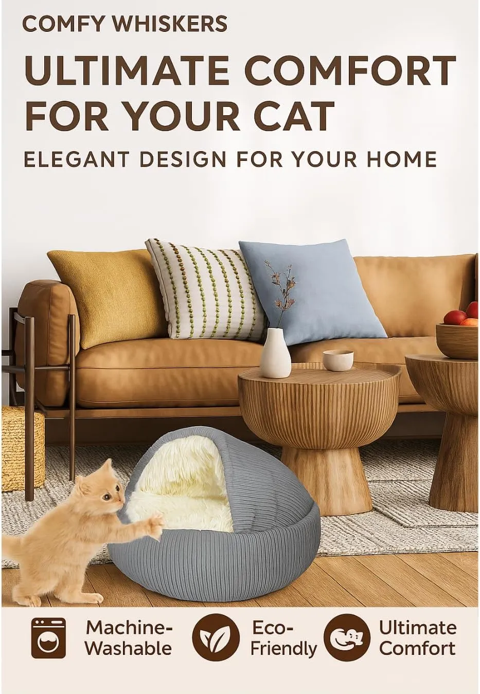 Hooded Plush Corduroy Cat & Dog Bed Cave - Cozy Indoor Cat Bed, Calming Soft Faux Fur, Anti-Anxiety Corduroy Dog Cave, Washable Anti-Slip Dog Bed (Gray, L)
