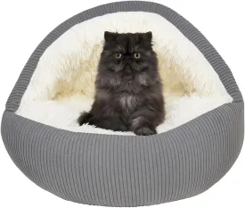 Hooded Plush Corduroy Cat & Dog Bed Cave - Cozy Indoor Cat Bed, Calming Soft Faux Fur, Anti-Anxiety Corduroy Dog Cave, Washable Anti-Slip Dog Bed (Gray, L)
