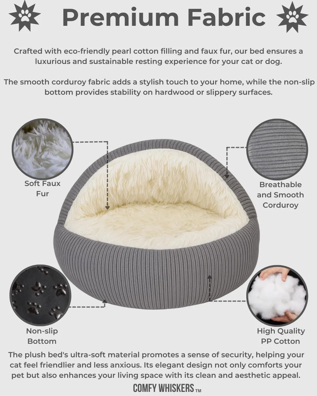 Hooded Plush Corduroy Cat & Dog Bed Cave - Cozy Indoor Cat Bed, Calming Soft Faux Fur, Anti-Anxiety Corduroy Dog Cave, Washable Anti-Slip Dog Bed (Gray, L)