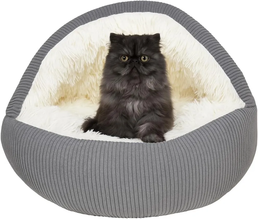Hooded Plush Corduroy Cat & Dog Bed Cave - Cozy Indoor Cat Bed, Calming Soft Faux Fur, Anti-Anxiety Corduroy Dog Cave, Washable Anti-Slip Dog Bed (Gray, L)