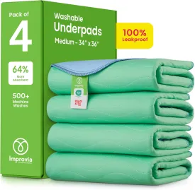 IMPROVIA Washable Underpads, 34" x 36" (Pack of 4) - Heavy Absorbency Reusable Bedwetting Incontinence Pads for Kids, Adults, Elderly, and Pets - Waterproof Protective Pad for Bed, Couch, Sofa, Floor