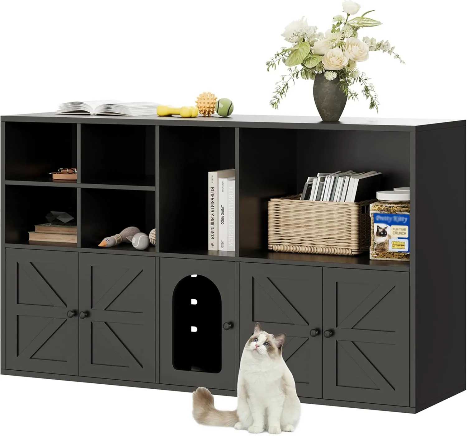 IRONCK Cat Litter Box Enclosure for 2 Cats, Litter Box Furniture Hidden with Double Room and Large Storage Space, Wooden Washroom Furniture, Cat House, Black