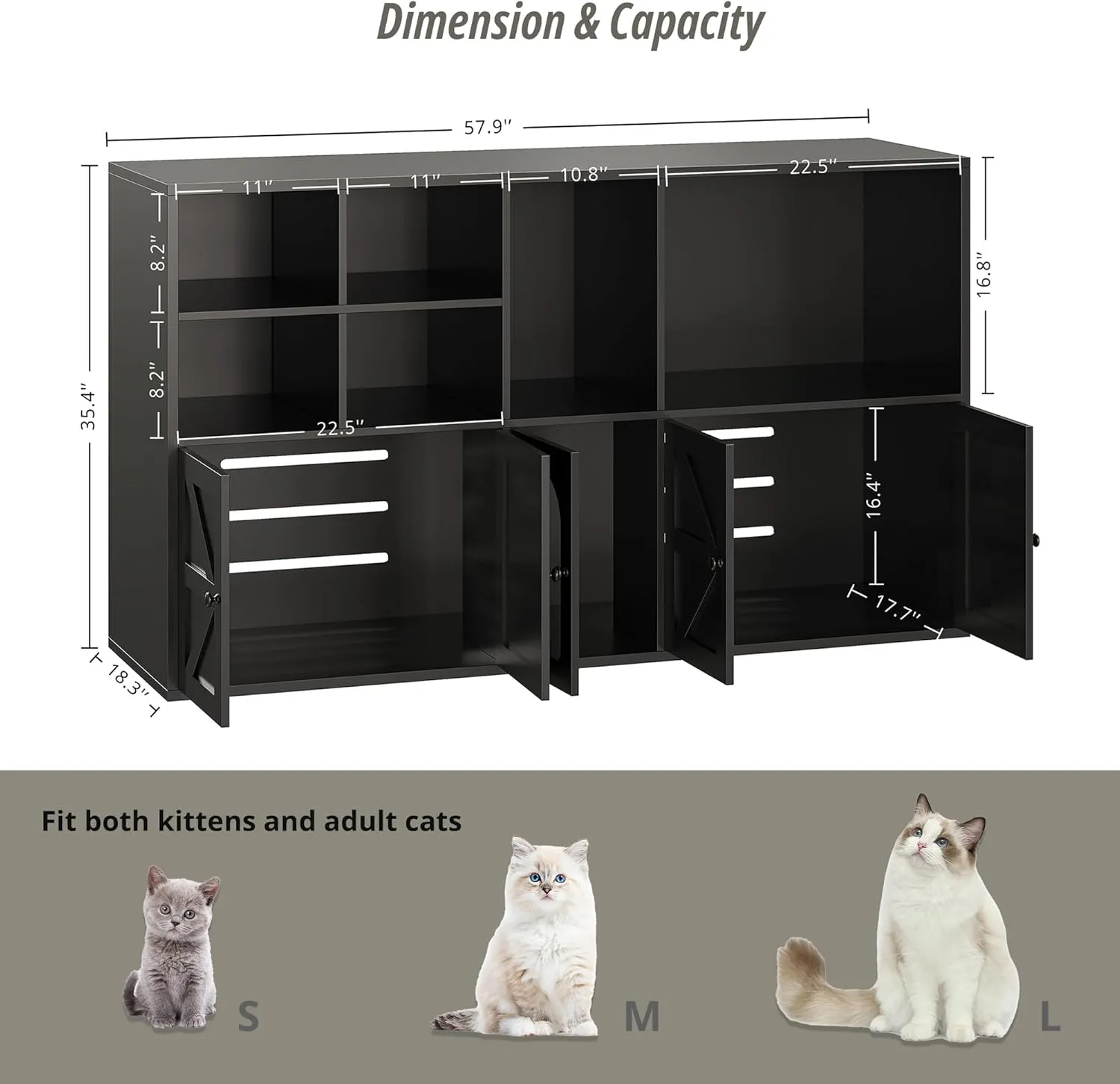 IRONCK Cat Litter Box Enclosure for 2 Cats, Litter Box Furniture Hidden with Double Room and Large Storage Space, Wooden Washroom Furniture, Cat House, Black