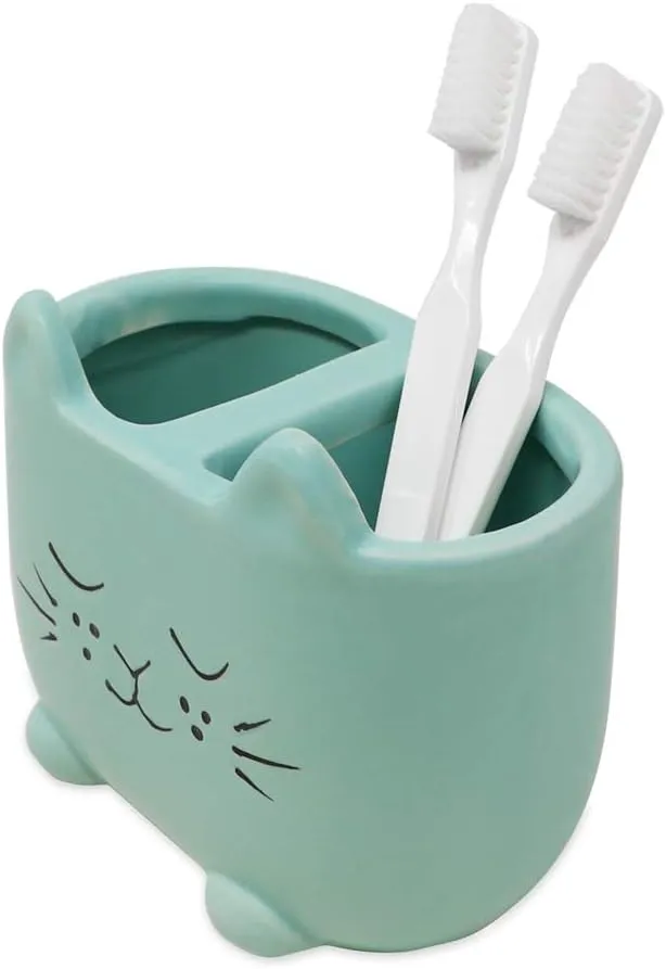 Isaac Jacobs Blue Ceramic Cat Makeup Brush Holder, Multi-Purpose 2-Section Organizer. Bathroom, Kitchen, Bedroom, Office Dcor (2-Section Cup, Pastel Blue)