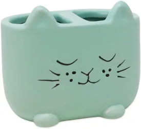 Isaac Jacobs Blue Ceramic Cat Makeup Brush Holder, Multi-Purpose 2-Section Organizer. Bathroom, Kitchen, Bedroom, Office Dcor (2-Section Cup, Pastel Blue)