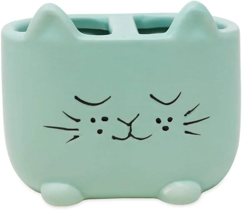 Isaac Jacobs Blue Ceramic Cat Makeup Brush Holder, Multi-Purpose 2-Section Organizer. Bathroom, Kitchen, Bedroom, Office Dcor (2-Section Cup, Pastel Blue)