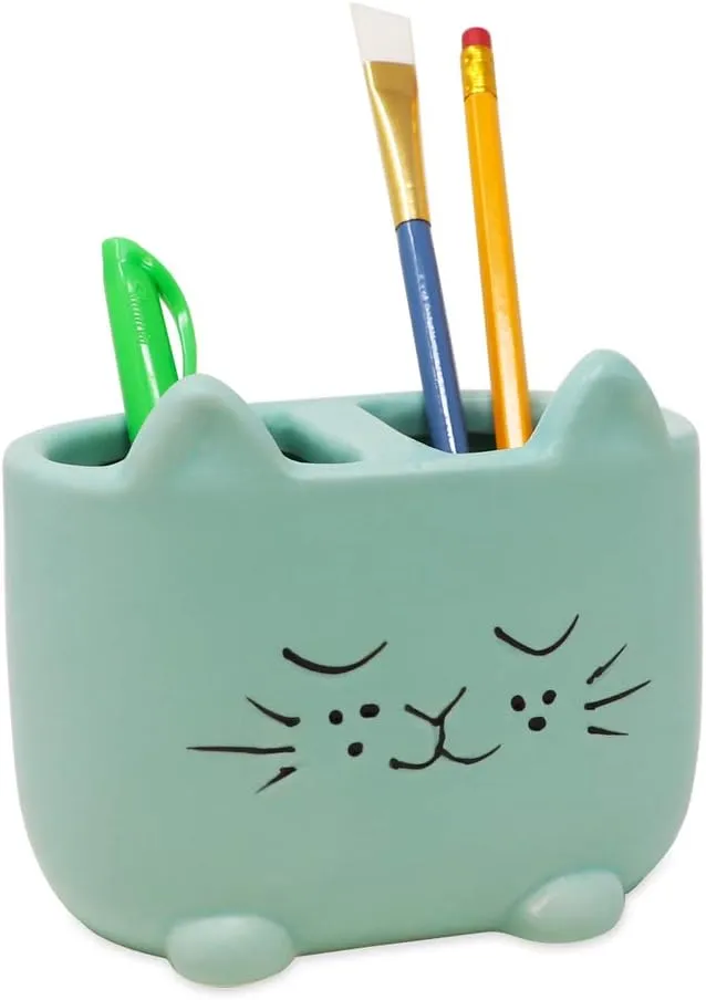 Isaac Jacobs Blue Ceramic Cat Makeup Brush Holder, Multi-Purpose 2-Section Organizer. Bathroom, Kitchen, Bedroom, Office Dcor (2-Section Cup, Pastel Blue)