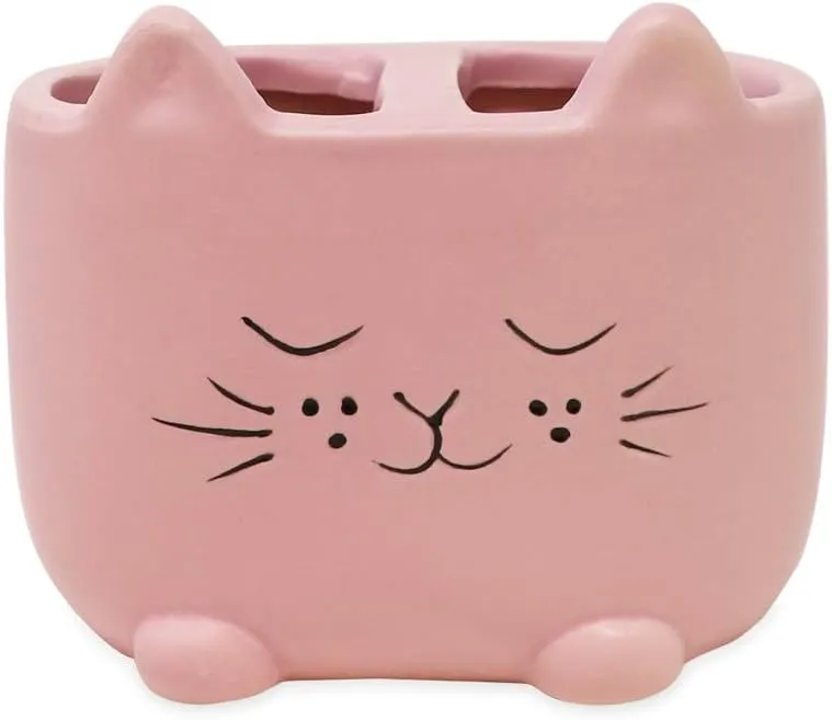 Isaac Jacobs Pink Ceramic Cat Makeup Brush Holder, Multi-Purpose 2-Section Organizer. Bathroom, Kitchen, Bedroom, Office Dcor (2-Section Cup, Pastel Pink)