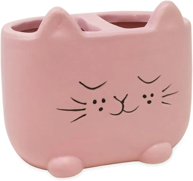Isaac Jacobs Pink Ceramic Cat Makeup Brush Holder, Multi-Purpose 2-Section Organizer. Bathroom, Kitchen, Bedroom, Office Dcor (2-Section Cup, Pastel Pink)