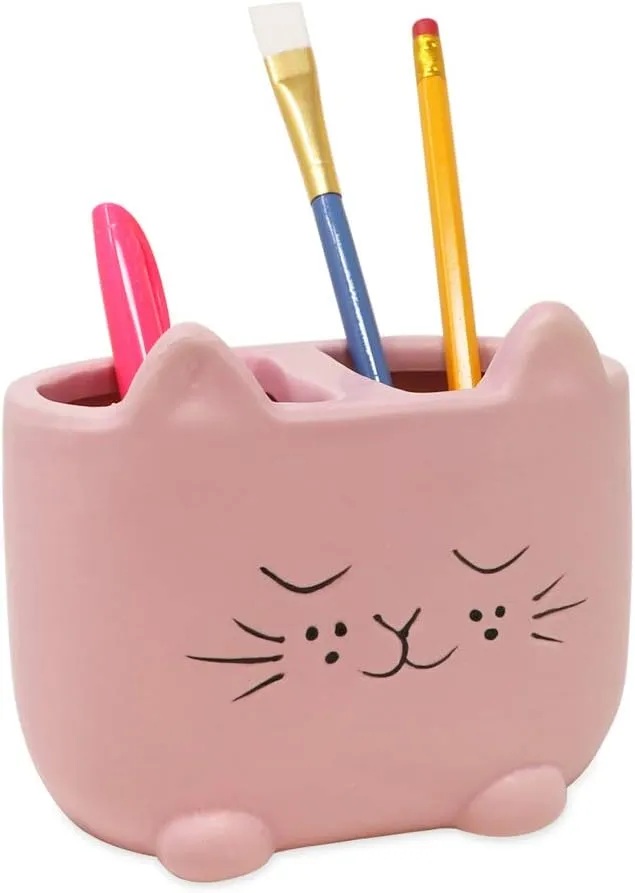 Isaac Jacobs Pink Ceramic Cat Makeup Brush Holder, Multi-Purpose 2-Section Organizer. Bathroom, Kitchen, Bedroom, Office Dcor (2-Section Cup, Pastel Pink)