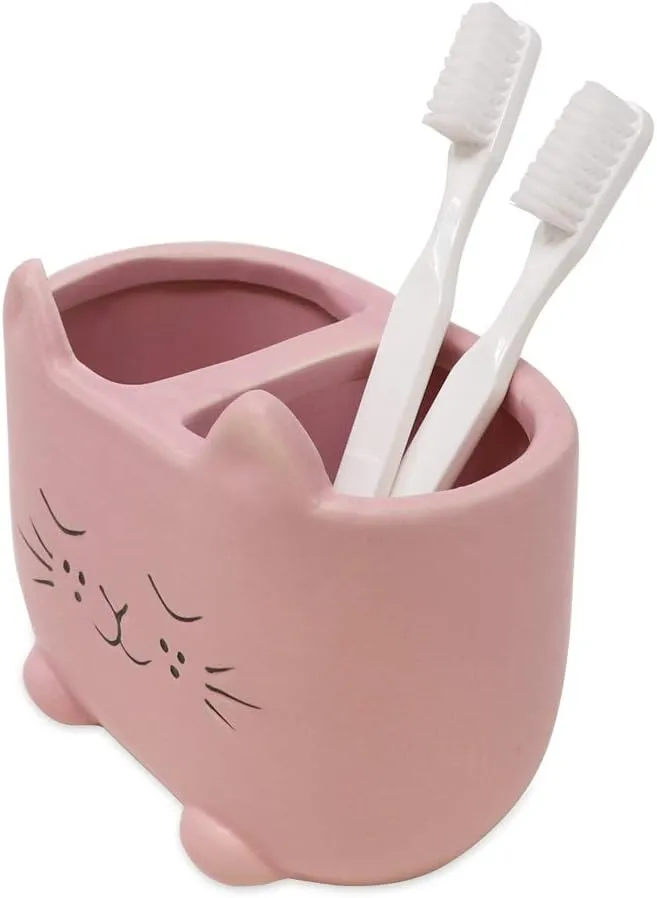 Isaac Jacobs Pink Ceramic Cat Makeup Brush Holder, Multi-Purpose 2-Section Organizer. Bathroom, Kitchen, Bedroom, Office Dcor (2-Section Cup, Pastel Pink)