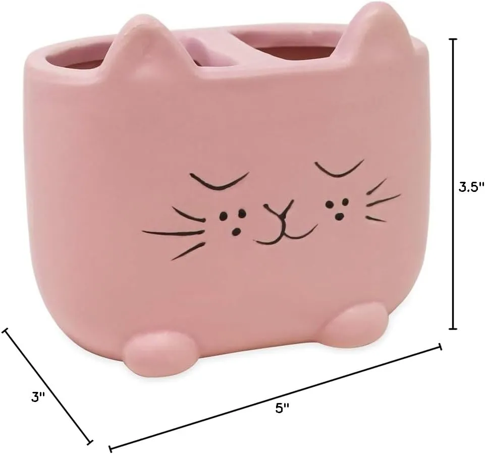 Isaac Jacobs Pink Ceramic Cat Makeup Brush Holder, Multi-Purpose 2-Section Organizer. Bathroom, Kitchen, Bedroom, Office Dcor (2-Section Cup, Pastel Pink)
