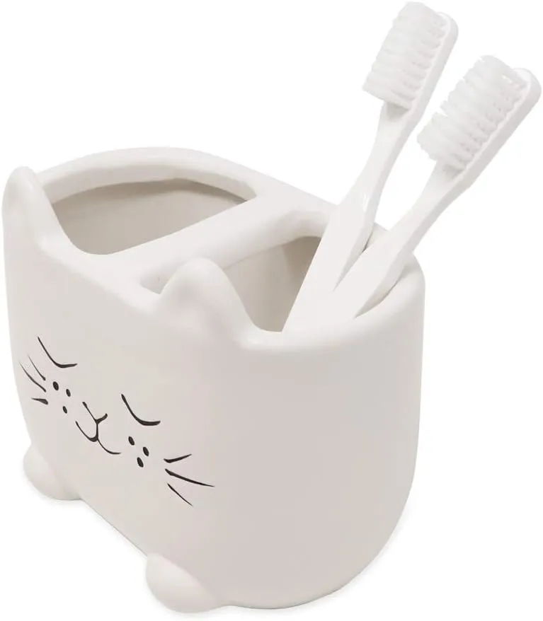 Isaac Jacobs White Ceramic Cat Makeup Brush Holder, Multi-Purpose 2-Section Organizer. Bathroom, Kitchen, Bedroom, Office Dcor (2-Section Cup, Pastel White)