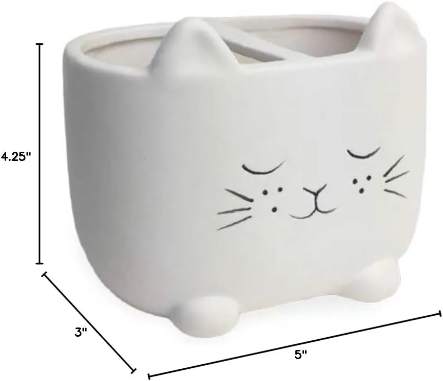 Isaac Jacobs White Ceramic Cat Makeup Brush Holder, Multi-Purpose 2-Section Organizer. Bathroom, Kitchen, Bedroom, Office Dcor (2-Section Cup, Pastel White)