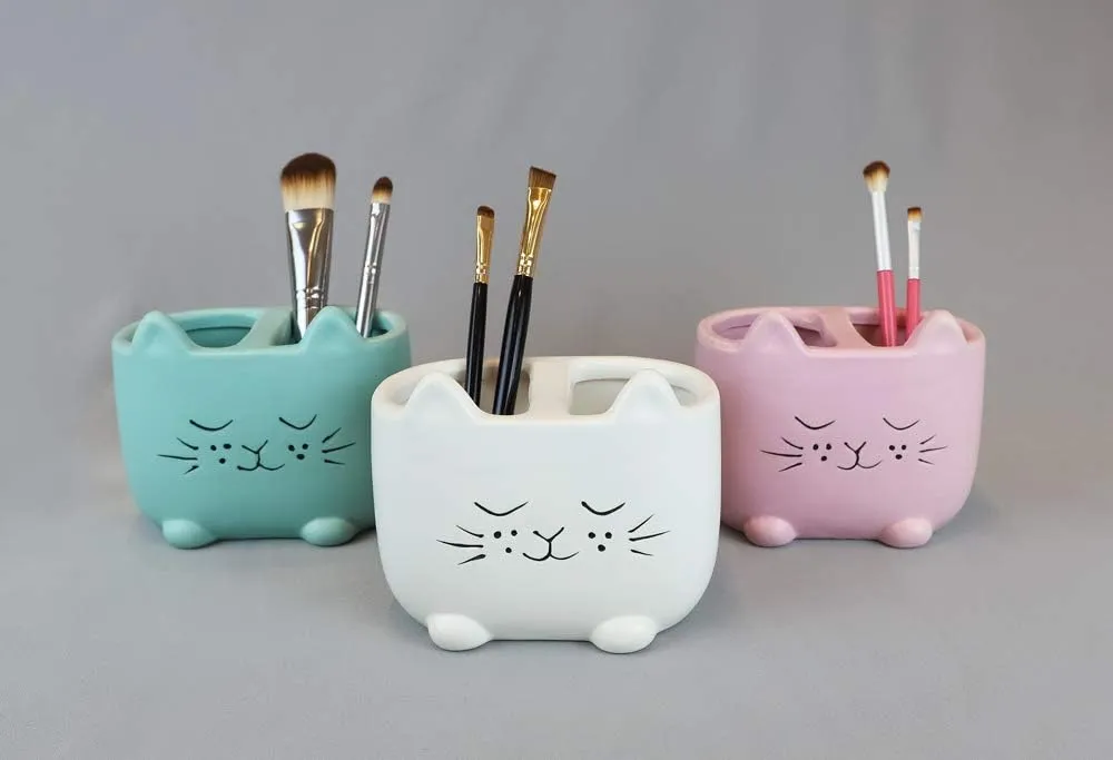 Isaac Jacobs White Ceramic Cat Makeup Brush Holder, Multi-Purpose 2-Section Organizer. Bathroom, Kitchen, Bedroom, Office Dcor (2-Section Cup, Pastel White)