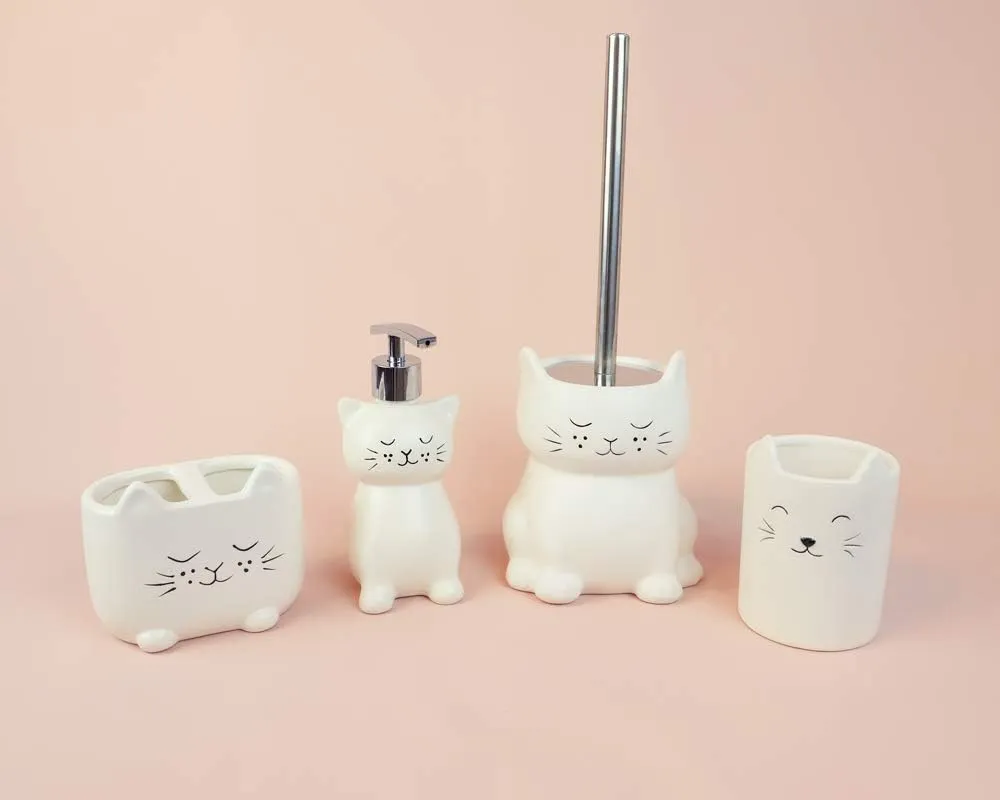Isaac Jacobs White Ceramic Cat Makeup Brush Holder, Multi-Purpose 2-Section Organizer. Bathroom, Kitchen, Bedroom, Office Dcor (2-Section Cup, Pastel White)