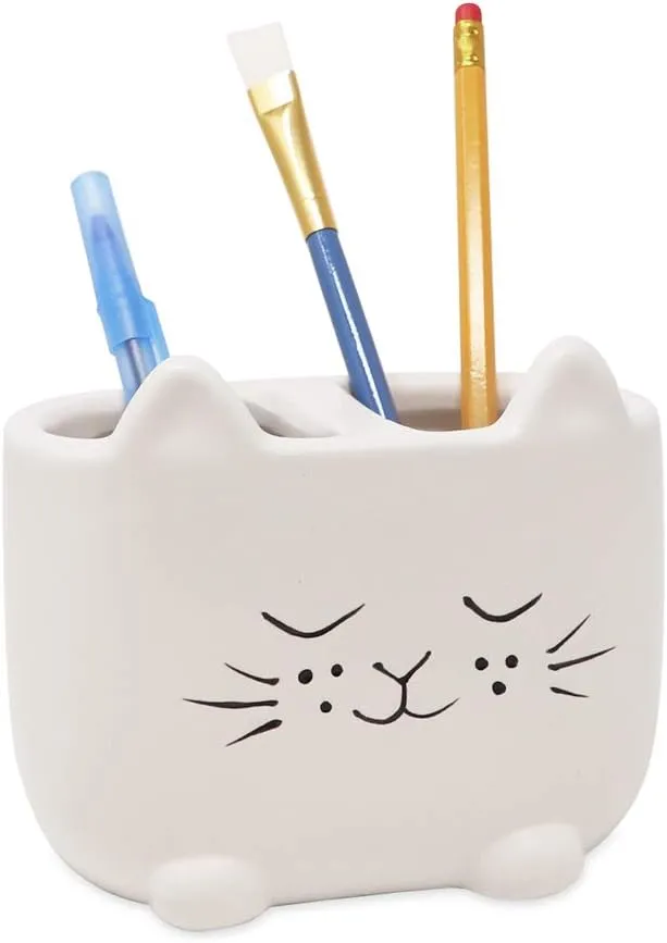 Isaac Jacobs White Ceramic Cat Makeup Brush Holder, Multi-Purpose 2-Section Organizer. Bathroom, Kitchen, Bedroom, Office Dcor (2-Section Cup, Pastel White)