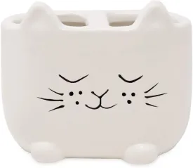 Isaac Jacobs White Ceramic Cat Makeup Brush Holder, Multi-Purpose 2-Section Organizer. Bathroom, Kitchen, Bedroom, Office Dcor (2-Section Cup, Pastel White)
