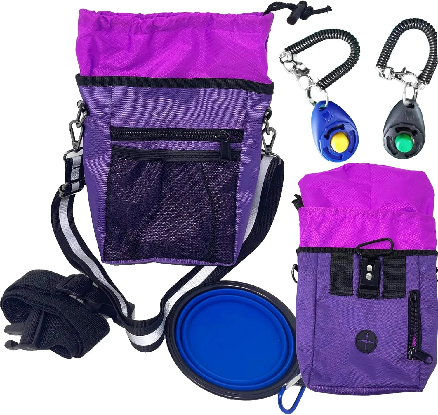 Jalousie Dog Training Pouch with Training Clicker and Water Bowl - 5 Ways to Wear - Carry Toys, Treats for Positive Reinforcement - Built-in Poop Bag Dispenser (Purple)
