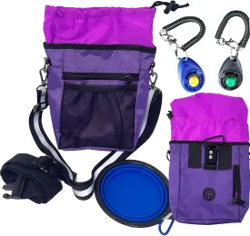Jalousie Dog Training Pouch with Training Clicker and Water Bowl - 5 Ways to Wear - Carry Toys, Treats for Positive Reinforcement - Built-in Poop Bag Dispenser (Purple)