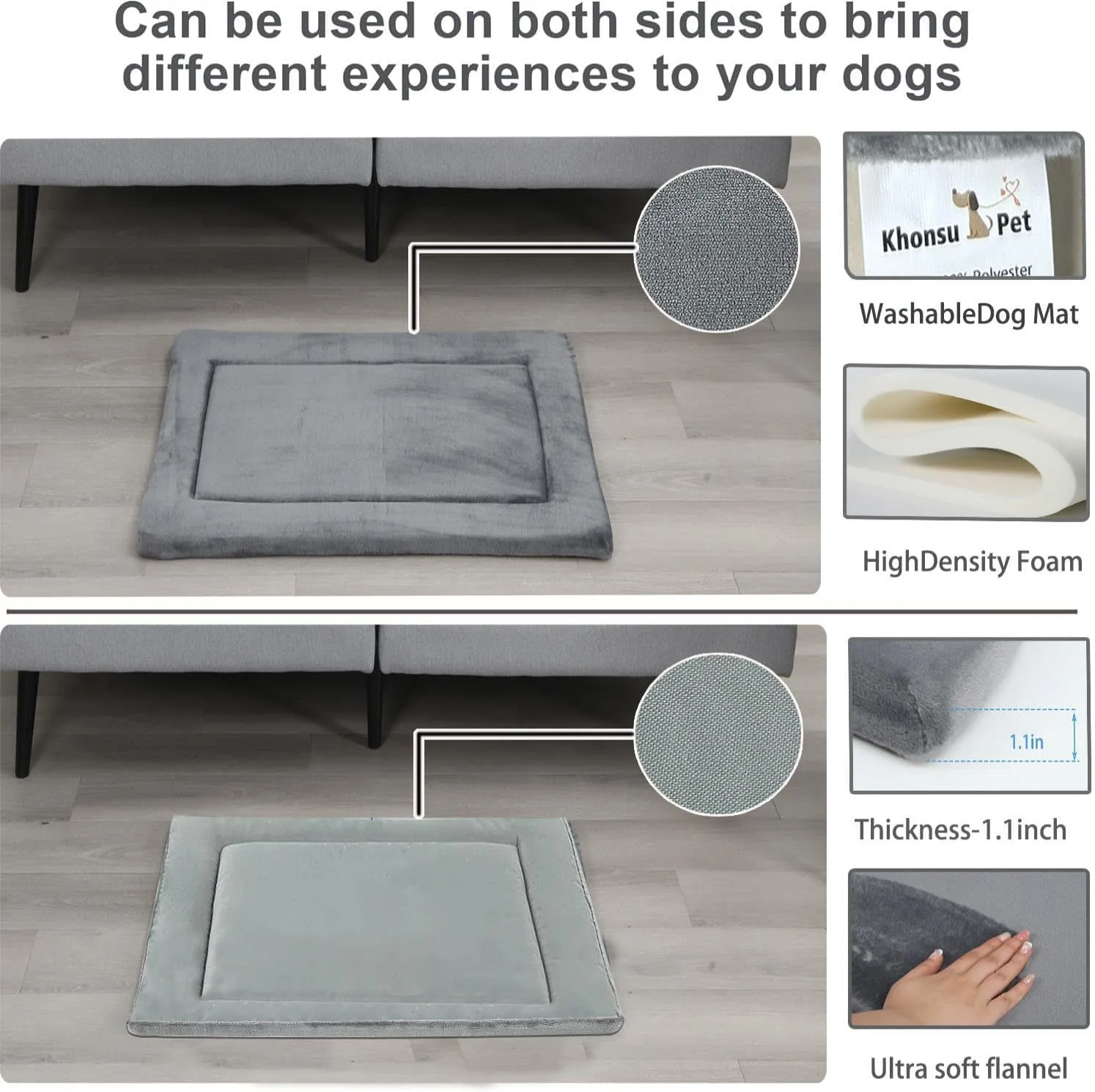 KHONSU PET Dog Bed Mat Crate Pad for Up to 110 lbs Dogs with Reversible Sides for Cold and Hot Seasons, Completely Washable Cushioned Pad 1.1inch Thin Dog Bed
