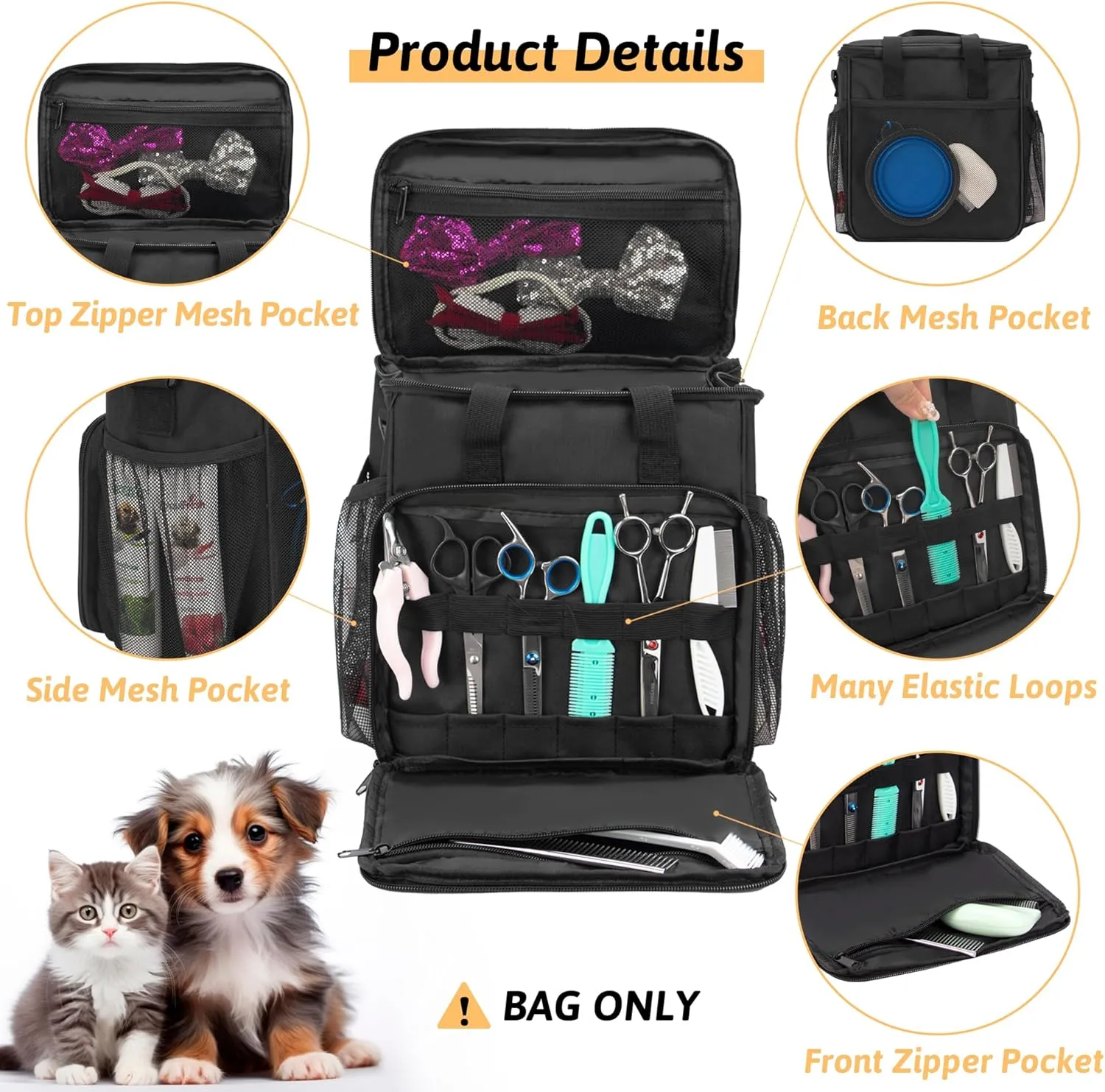 KISLANE Pet Grooming Tote Bag, Cat Grooming Tools Organizer Bag, Dog Grooming Supplies Organizer Storage for Pets Grooming Kit and Dog Wash Shampoo Accessories(Bag Only) (Black- New)