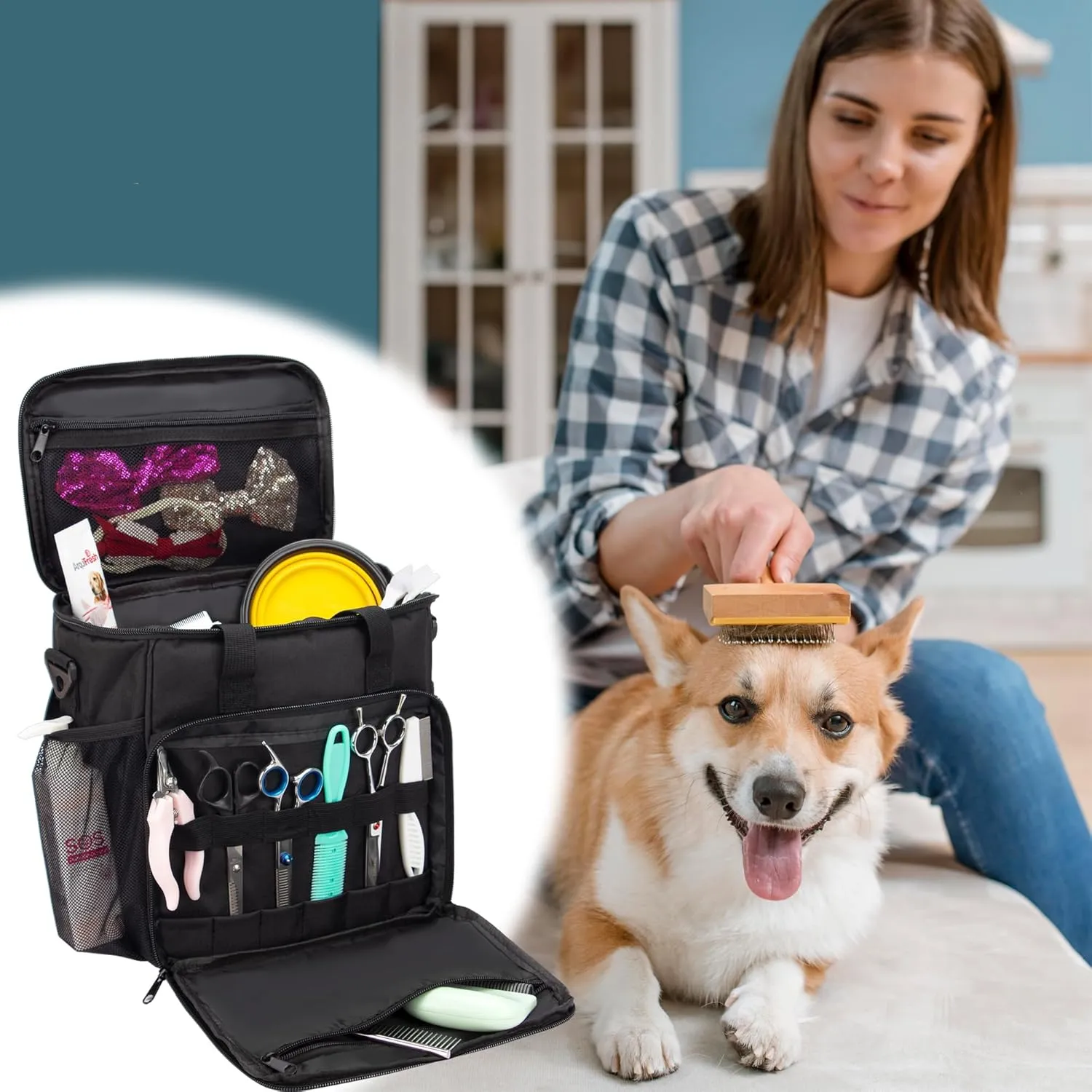 KISLANE Pet Grooming Tote Bag, Cat Grooming Tools Organizer Bag, Dog Grooming Supplies Organizer Storage for Pets Grooming Kit and Dog Wash Shampoo Accessories(Bag Only) (Black- New)