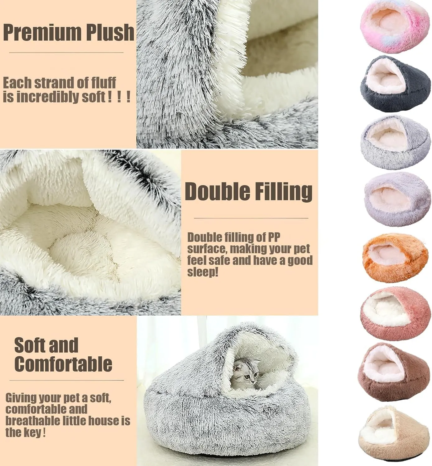Lapcatz Nest Bed, Cat Nest Bed, Lapcatz Bed, Cat Bed Round Plush Fluffy Hooded Calming Cat Bed Cave, Winter Cozy Pet Bedfor Indoor Cats Cave & Calming Dog Beds (Dark Grey, S)