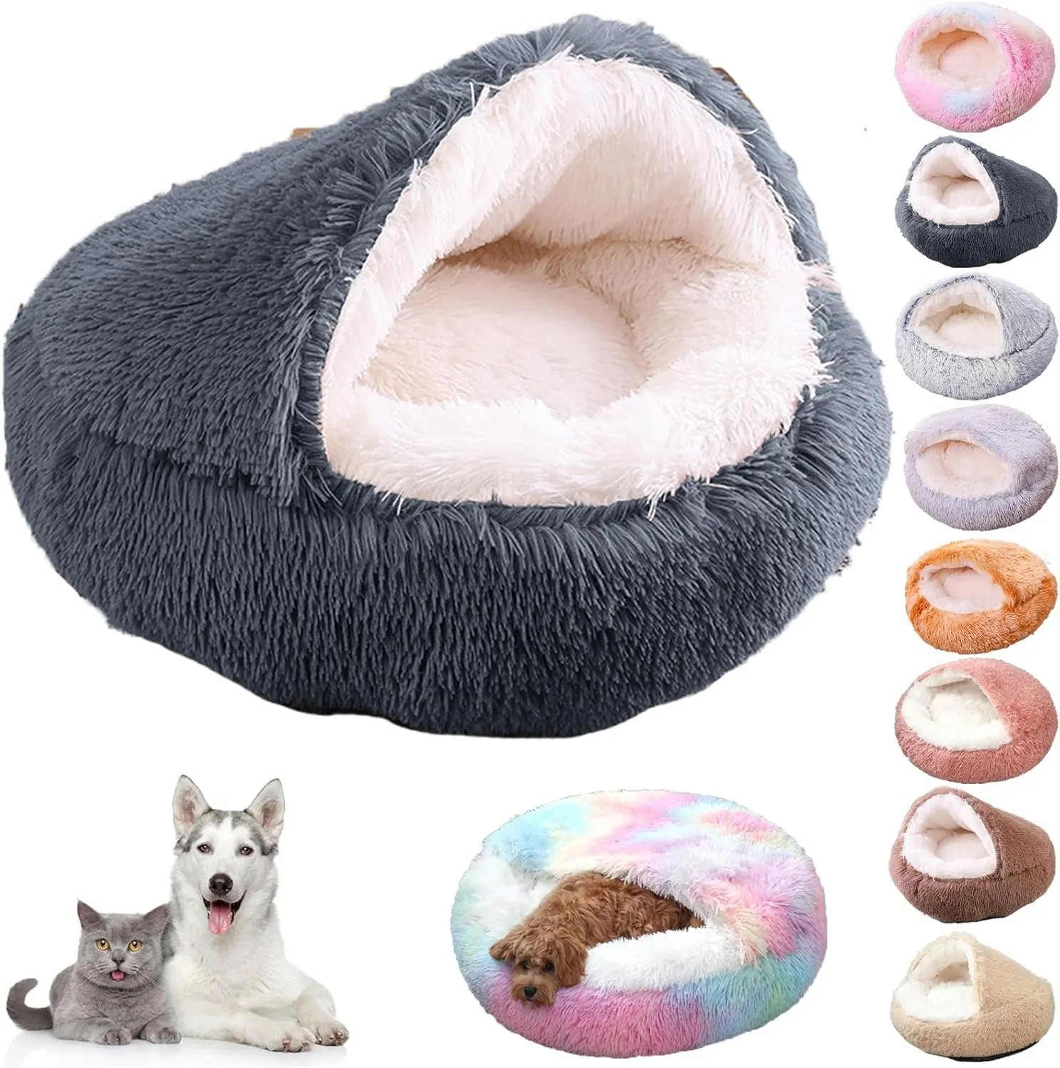 Lapcatz Nest Bed, Cat Nest Bed, Lapcatz Bed, Cat Bed Round Plush Fluffy Hooded Calming Cat Bed Cave, Winter Cozy Pet Bedfor Indoor Cats Cave & Calming Dog Beds (Dark Grey, S)