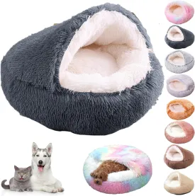 Lapcatz Nest Bed, Cat Nest Bed, Lapcatz Bed, Cat Bed Round Plush Fluffy Hooded Calming Cat Bed Cave, Winter Cozy Pet Bedfor Indoor Cats Cave & Calming Dog Beds (Dark Grey, S)
